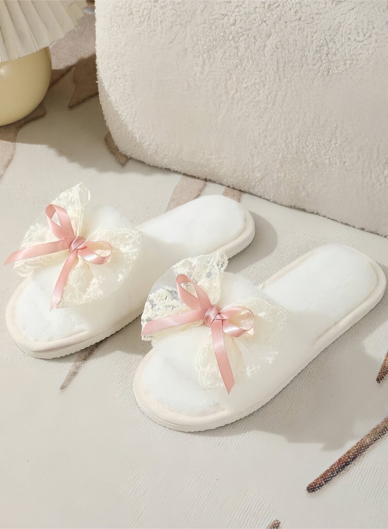 QIRRA House Slippers for Women, Plush Bedroom Slippers with Lace Bow, Warm Indoor Non-slip House Shoes - Image 3